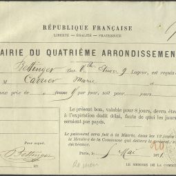Dommages de guerre : billet de logement, 5 mai 1871. Archives de Paris, DR6 61.