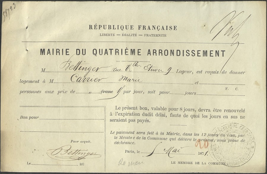 Dommages de guerre : billet de logement, 5 mai 1871. Archives de Paris, DR6 61.