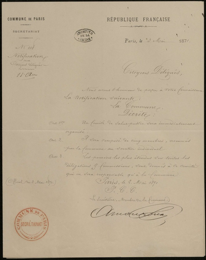 Notification aux citoyens dlgus du 13e arrondissement de l&#8217;organisation d&#8217;un Comit de salut public, 3 mai 1871. Archives de Paris, VD3 14.