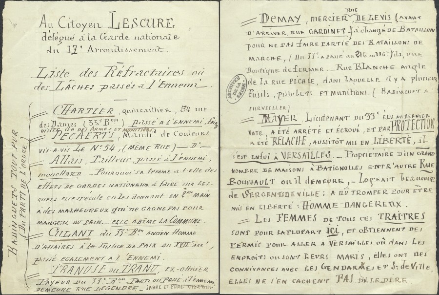  Liste des rfractaires et lches passs  l&#8217;ennemi , 1871. Archives de Paris, VD6 2346.