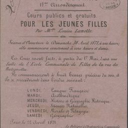 Tract pour des cours publics et gratuits pour jeunes filles, avril 1871. Archives de Paris, VD3 15. 