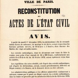  Affiche sur la reconstitution de l’état civil, 23 novembre 1874. Archives de Paris, V4E 131.