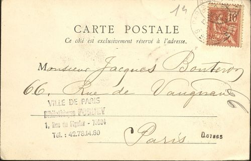 Carte postale adressée à Jacques Bouteron, verso, 1902. Archives de Paris, NC.