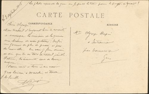 "Paris - Gare du Quai d'Orsay", carte postale, verso, 1918. Archives de Paris, fonds Dupin, NC.
