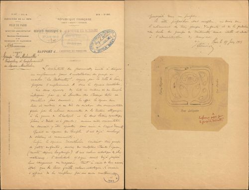 Rapport de l'architecte des promenades sur l'emplacement du groupe dans le square Montholon, 27 juin 1913. Archives de Paris, PEROTIN/10624/72/1 24.