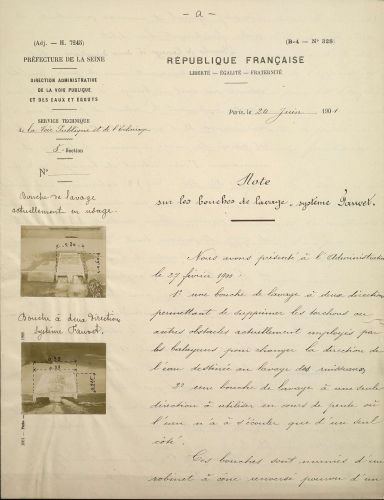 Service technique de la voie publique et de l’éclairage : note sur les bouches de lavage « système Fauvet », 24 juin 1901, page 1. Archives de Paris, VONC 1478. 
