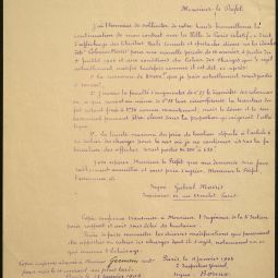 Copie conforme d’une lettre de Gabriel Morris, imprimeur, au préfet de la Seine, demandant le renouvellement de la concession d’exploitation des colonnes-affiches, 18 décembre 1905. Archives de Paris, VONC 16.
