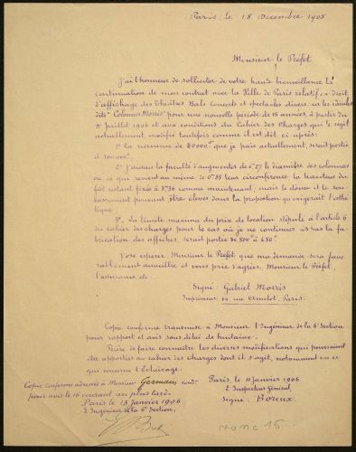 Copie conforme d’une lettre de Gabriel Morris, imprimeur, au préfet de la Seine, demandant le renouvellement de la concession d’exploitation des colonnes-affiches, 18 décembre 1905. Archives de Paris, VONC 16.