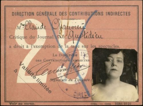 Fisc, taxes sur les spectacles : carte de presse de Claude Chauvière, 1925-1935. Archives de Paris, DP3 2.