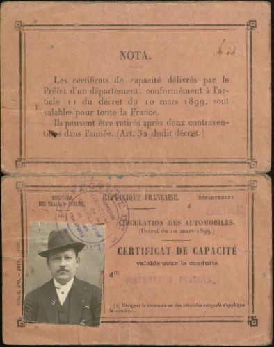 Fonds Boisseau : certificat de capacité valable pour la conduite d’Auguste Chevallier, 6 mars 1920. Archives de Paris, D57J 2.