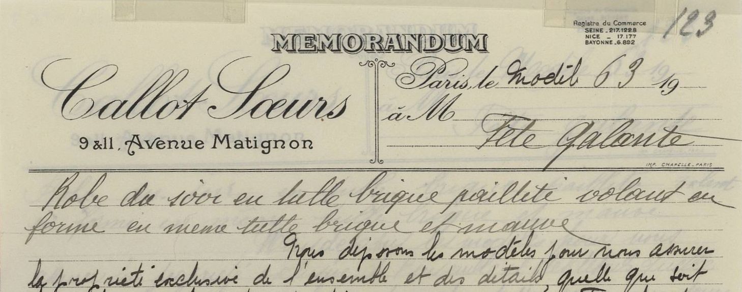 Modèle 123 ou 129, robe du soir "Fête Galante", déposé par Callot Soeurs, le 20 février 1926, détail de la notice. Archives de Paris, D12U10 163.