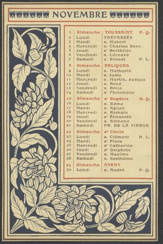 Ecole Estienne, composition décorative et typographique, calendrier, novembre 1914. Archives de Paris, 3864W 10.