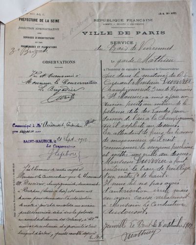 Signalement dun garde du bois de Vincennes au conservateur des promenades, septembre 1912. Archives de Paris, 4014W 99. 