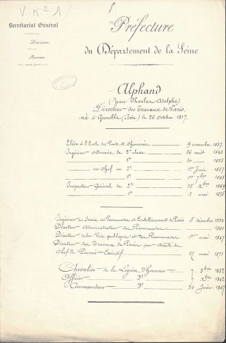 Préfecture de la Seine : récapitulatif de la carrière de Jean Charles Adolphe Alphand, s.d. Archives de Paris, VK2 519.