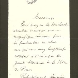 Lettre de remerciement envoyée par le fils d’Adolphe Alphand à messieurs les inspecteurs généraux et ingénieurs de la direction des travaux de Paris, page 1, 24 décembre 1891.Archives de Paris, VK2 519.