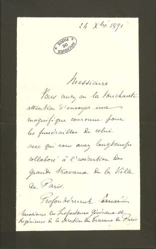 Lettre de remerciement envoyée par le fils d’Adolphe Alphand à messieurs les inspecteurs généraux et ingénieurs de la direction des travaux de Paris, page 1, 24 décembre 1891.Archives de Paris, VK2 519.