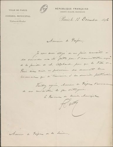 Lettre du président du Conseil municipal au préfet de la Seine, 13 décembre 1892. Archives de Paris, VK2 519.