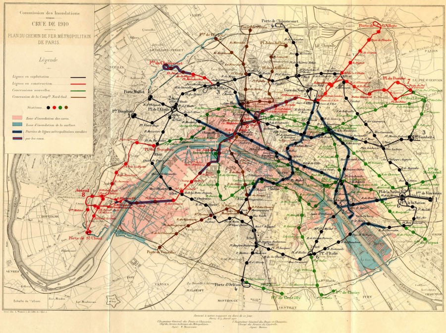 Plan du chemin de fer mtropolitain pendant linondation de 1910, rapport de la Commission des inondations, 18Eb 36.
