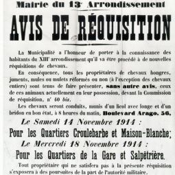 Avis de réquisition de chevaux de la mairie du 13e arrondissement, novembre 1914. ATLAS 521.