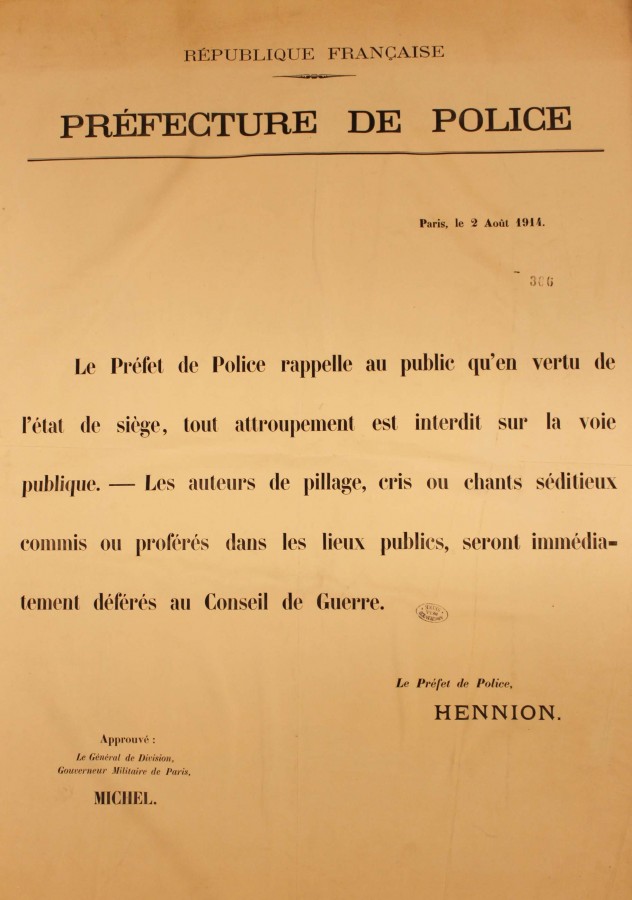 Affiche de la prfecture de Police, 2 aot 1914. ATLAS 525.