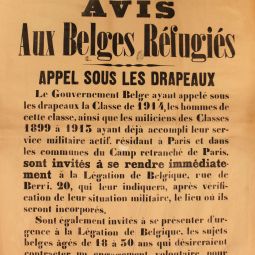 Affiche de la préfecture de la Seine concernant l'appel à l'engagement dans l'armée française des Belges réfugiés, 19 octobre 1914. ATLAS 521.
