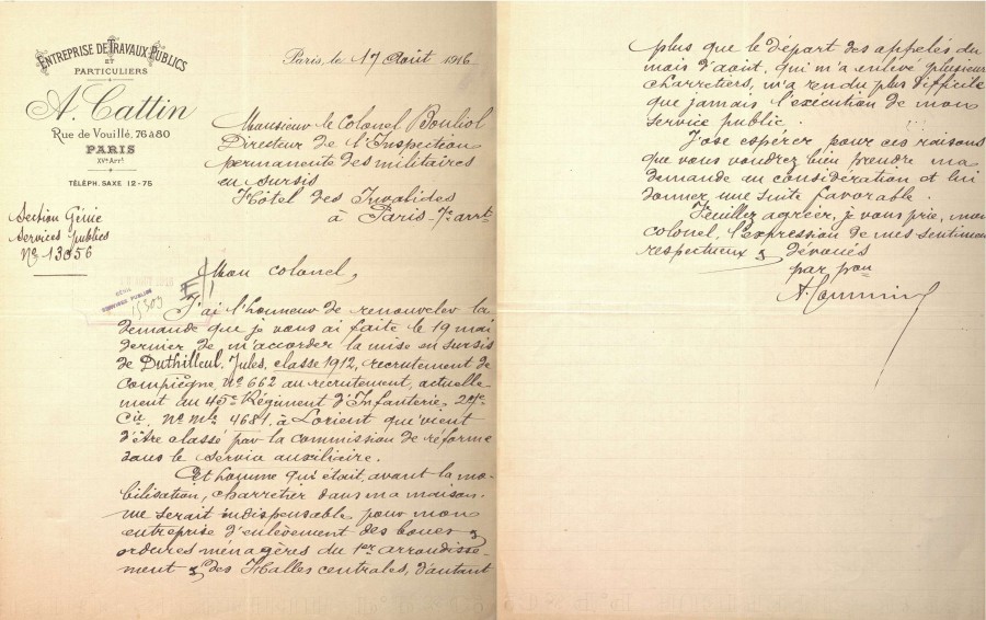 Lettre de M. Cattin, adjudicataire de l'enlvement des ordures mnagres dans le secteur des Halles, au colonel Bouliol, directeur de l'inspection des militaires en sursis. VONC 68.