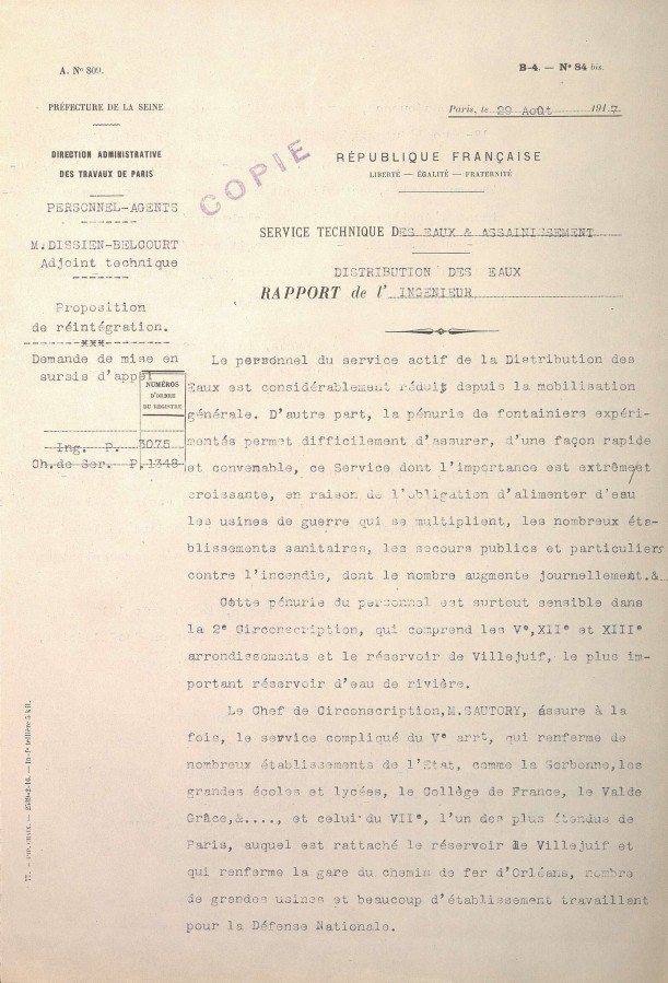 Rapport de l'ingnieur en chef du service technique des eaux et assainissement. Proposition de rintgration et demande de sursis d'appel (recto). VONC 123.