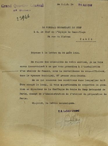 Lettre du commandant en chef du 1er Bureau du grand quartier gnral (GQG) a M. le chef de l'quipe du camouflage.D2T1 47.