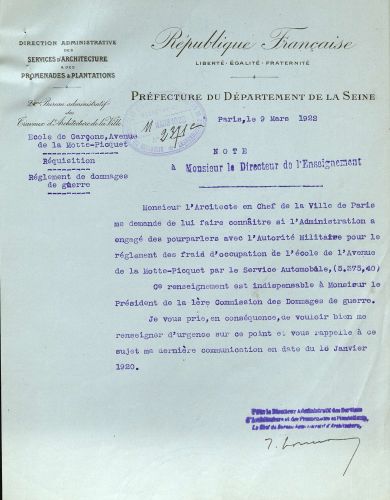 Lettre de la direction administrative des services d'architectures et des promenades et plantation de la prfecture de la Seine au directeur de l'enseignement de la Seine. D2T1 47.