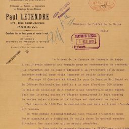 Lettre de l'entreprise de Paul Letendre, entrepreneur spécialisé en instrument de chirurgie, à la préfecture de la Seine. D1R7 165.