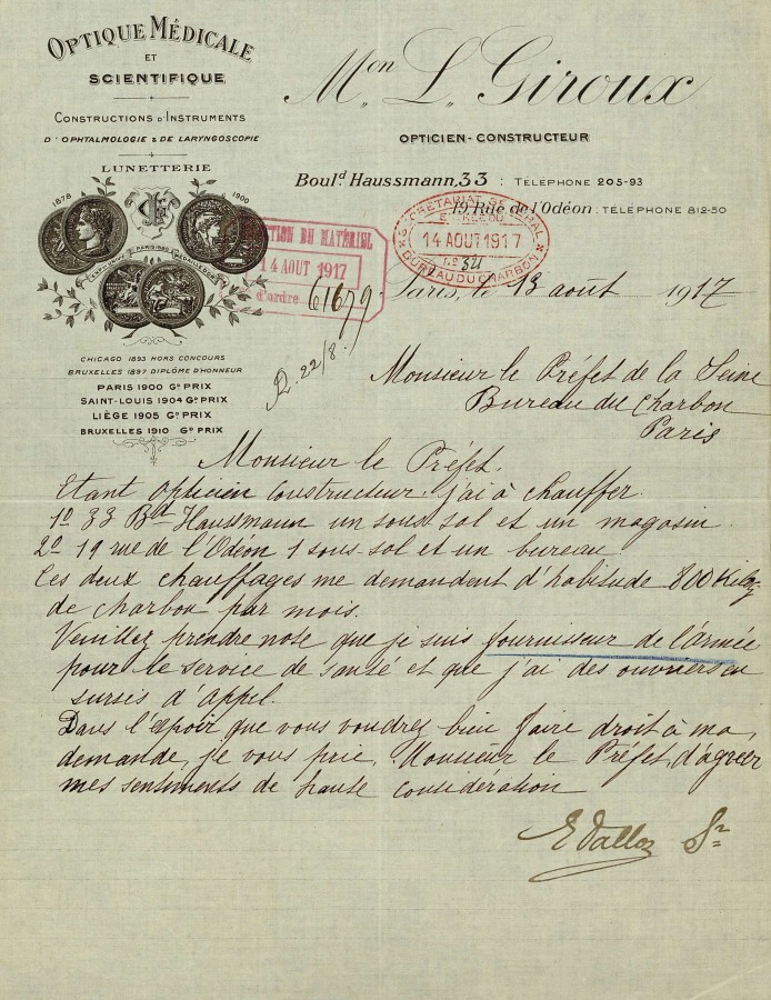Lettre de La maison L. Giroux spcialise en instrument d'optique,  la prfecture de la Seine. D1R7 165.