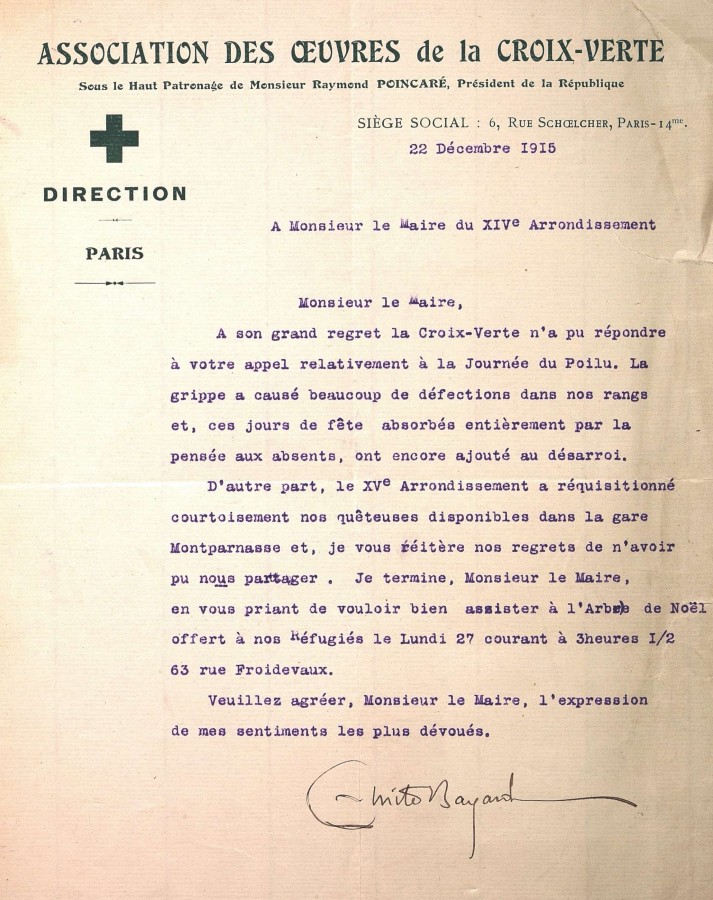 Lettre de l'association des oeuvres de la Croix Verte au maire du 14e arrondissement. VD 2105.