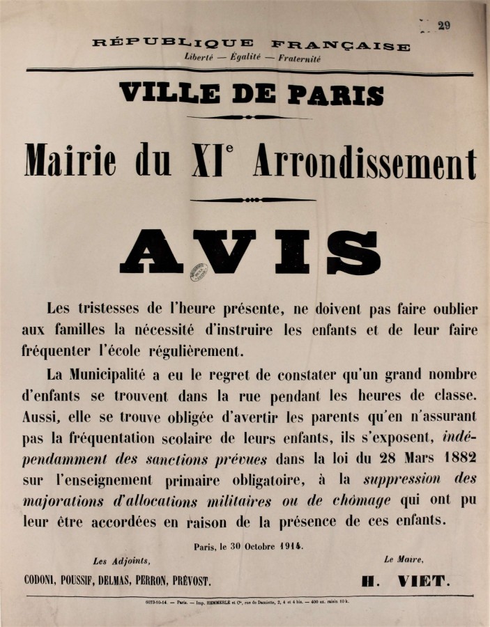 Affiche de la mairie du 11e arrondissement. ATLAS 521.