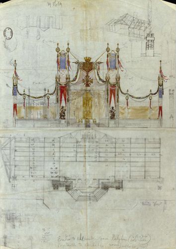 Dessin pour la mise en scne de la remise de la croix de guerre par le prsident de la Rpublique  la ville de Paris. VK3 204.