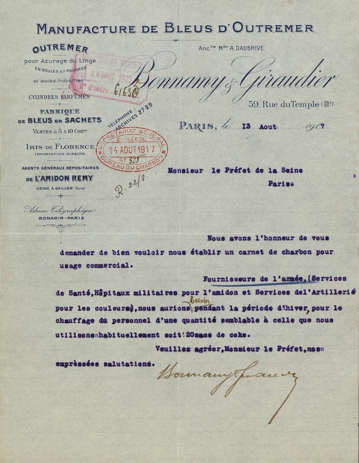 Lettre de L'entreprise Bonnamy et Giraudier,  la prfecture de la Seine