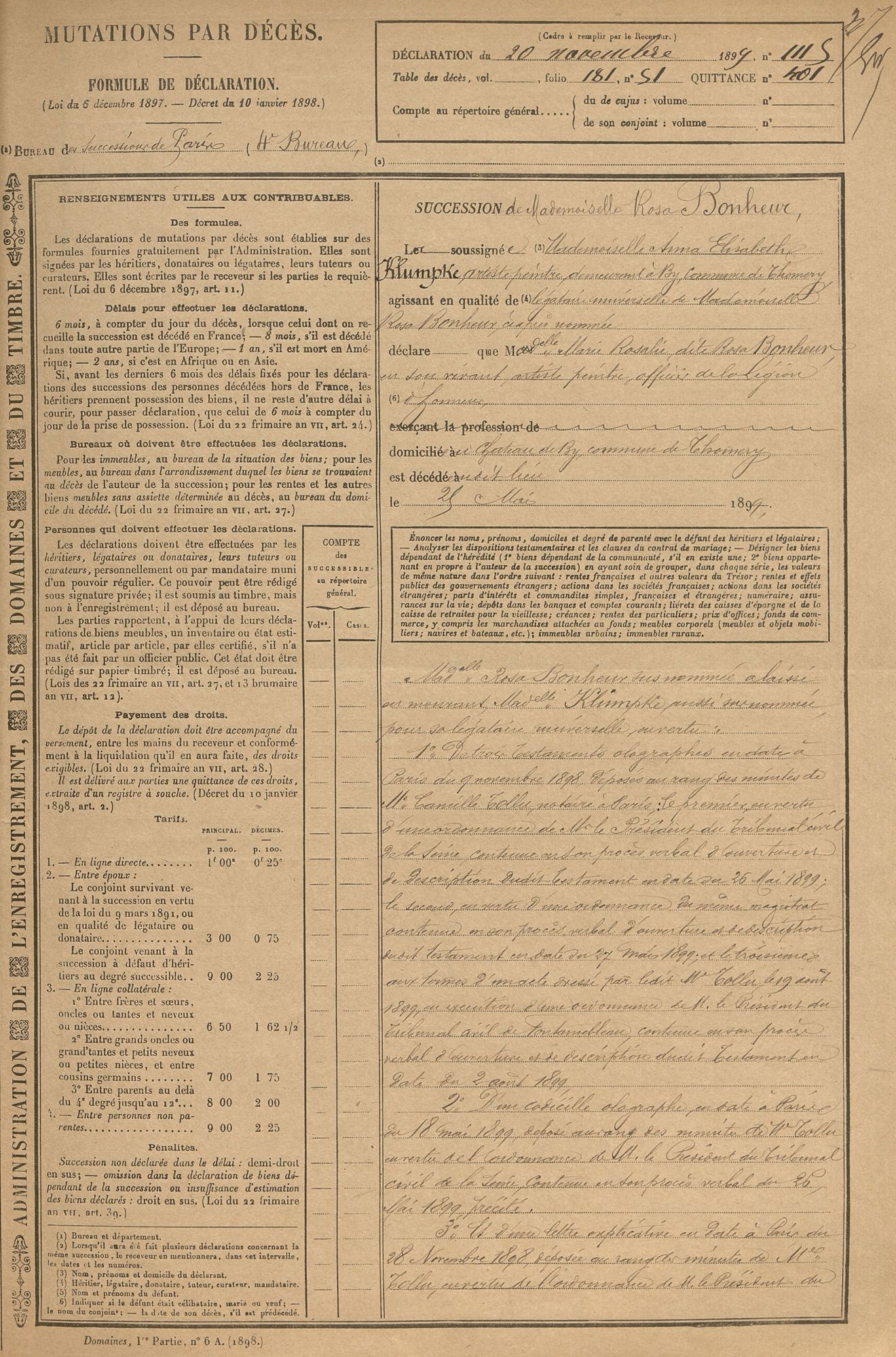 Mutation par décès de Rosa Bonheur, 4e bureau, n° 1115, 20 novembre 1899. Archives de Paris, DQ7 33590.Mutation par décès de Jeanne Dieulafoy, née Marge, 9e bureau, n°1840, 17 novembre 1916. Archives de Paris, DQ7 11534.