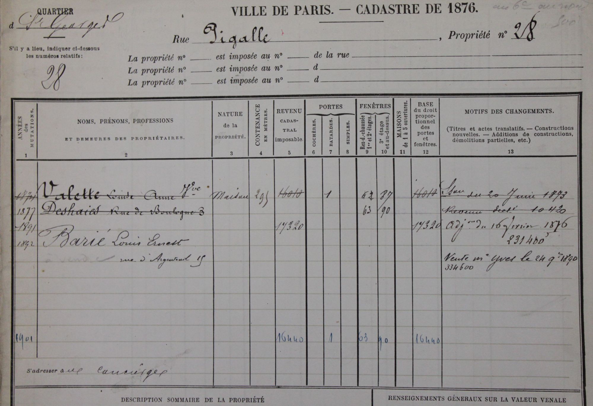 Calepin des propriétés bâties, 28, rue Pigalle, 1876. Archives de Paris, D1P4 624.