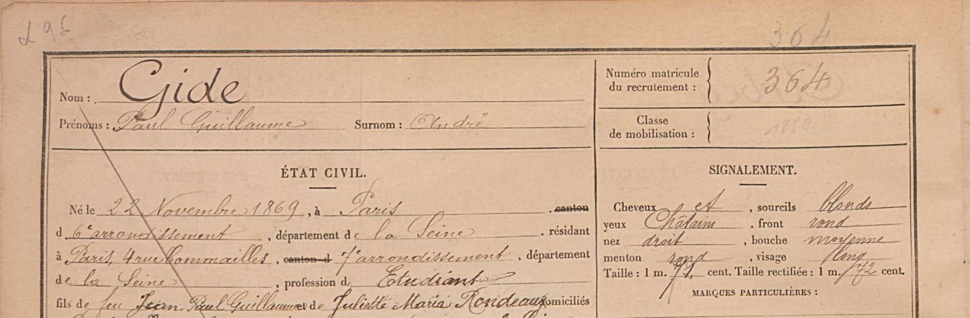 Fiche matricule d'André Gide (D4R1 569)