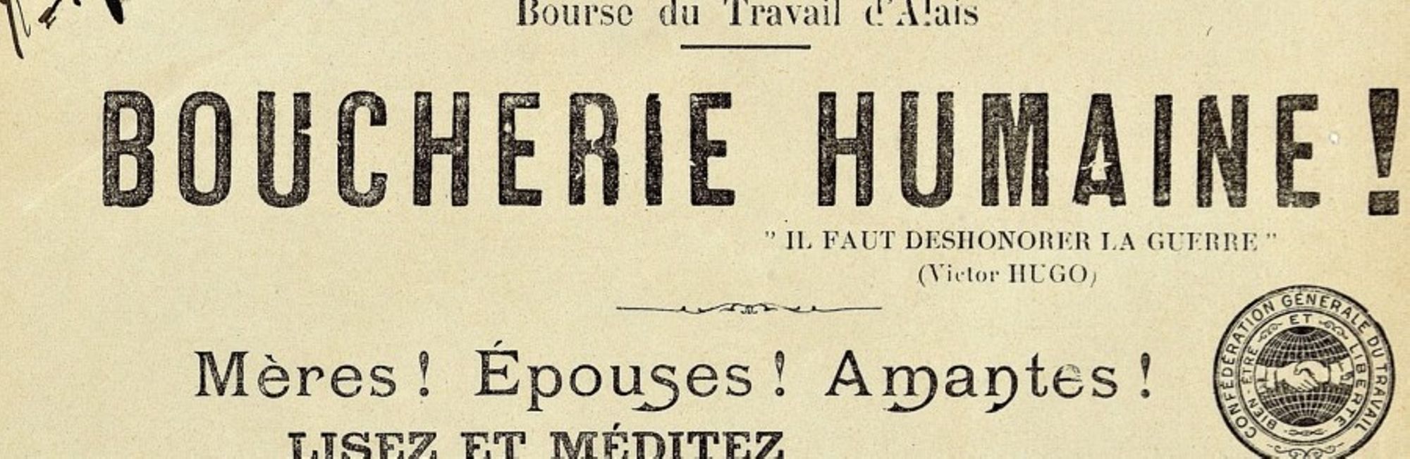 Tract d’appel à un meeting à la bourse du Travail d’Alès (Gard), août 1913. Archives de Paris, D2U6 185