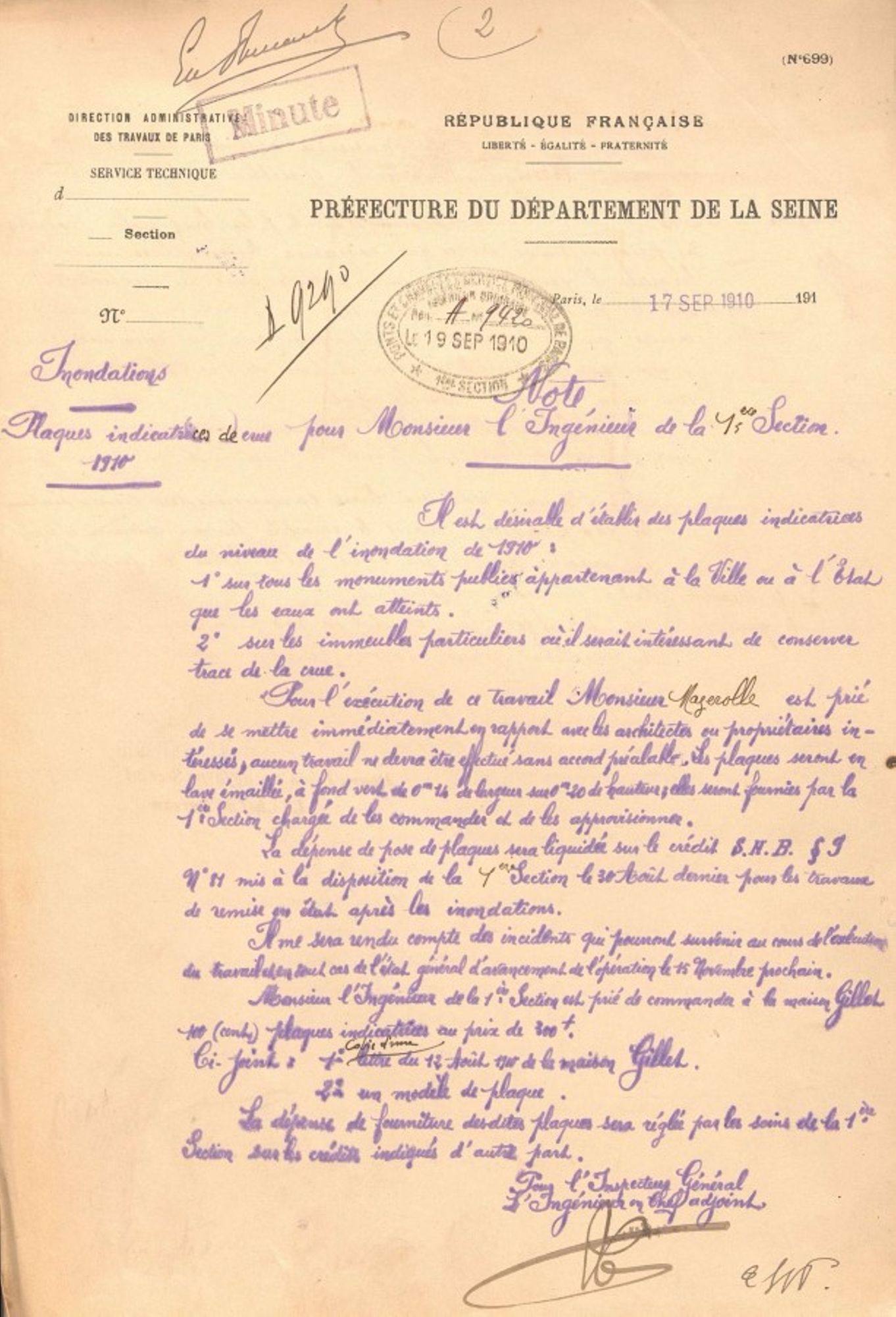 Note au sujet de l'apposition de plaques commémoratives, 1602W 65.